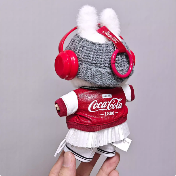 15-18cm Trendy Pink Plush Doll Outfit Set, Red Smile Bunny Ear Hat + Sweatshirt + Cargo Pants + Accessories, Cute Doll Clothing