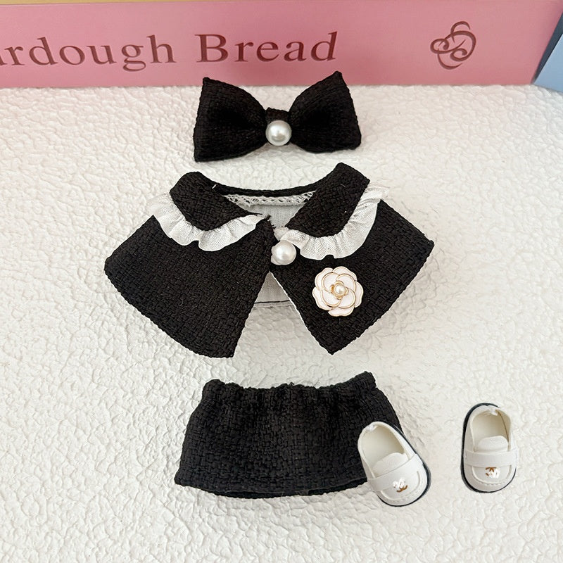 17cm Doll Clothes 5-Piece Set - Luxury Tweed Cape Outfit with Pearl & Camellia Details, Compatible with Labubu Dolls, Doll Accessories