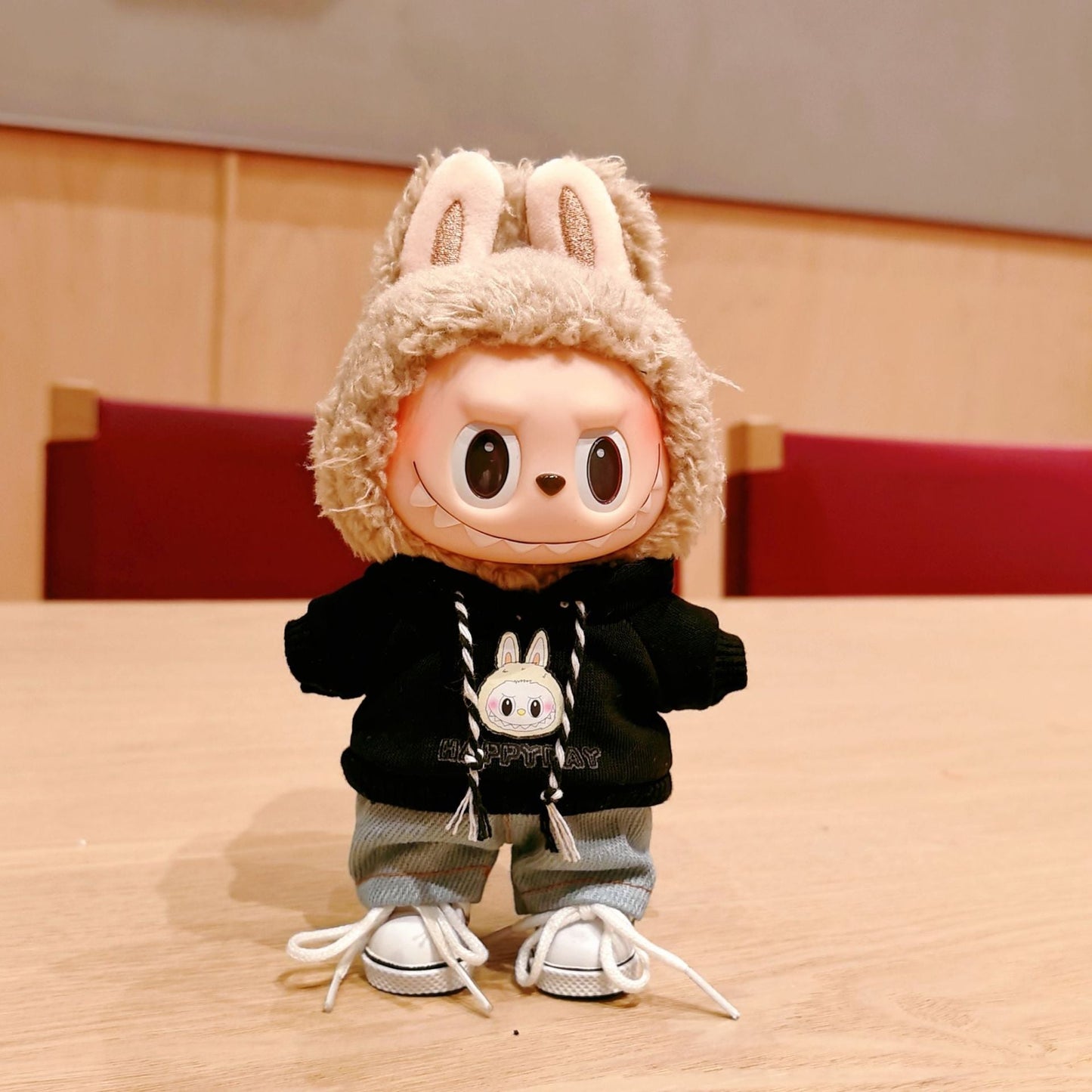 Trendy Doll Two-Piece Outfit, Black Rabbit Element Hoodie + Denim Pants, Cute Doll Clothing Set