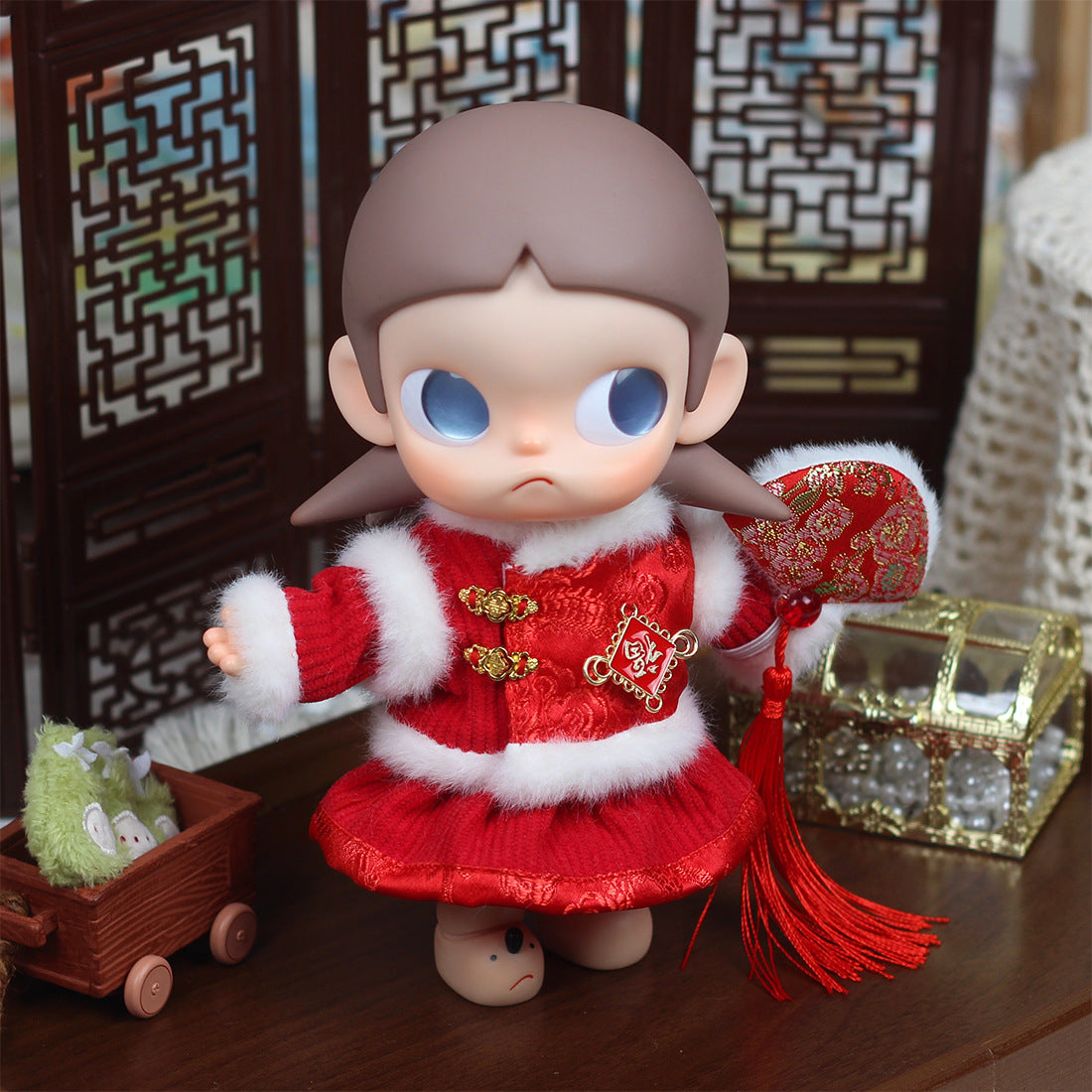 0cm Zsiga 1/8 Articulated Doll New Year Outfit Set | Red Festive Dress + Beret + Decorative Fan | Chinese Lunar New Year Doll Clothing