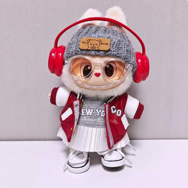 15-18cm Trendy Pink Plush Doll Outfit Set, Red Smile Bunny Ear Hat + Sweatshirt + Cargo Pants + Accessories, Cute Doll Clothing