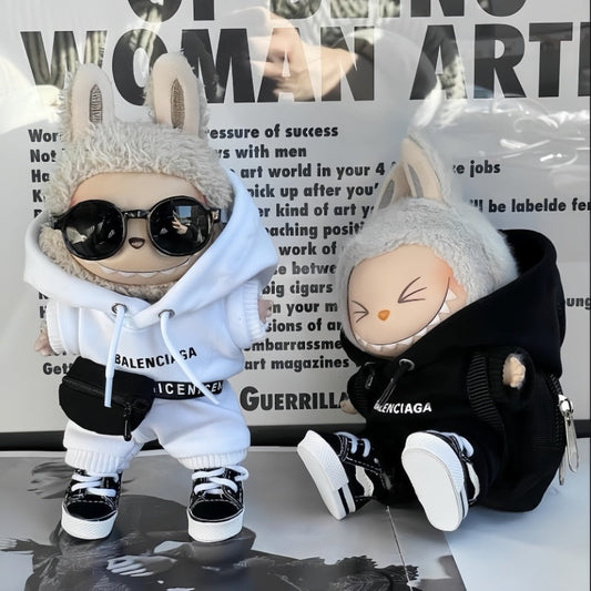 Streetwear Doll 5-Piece Outfit Set, Black & White Hoodie + Shorts + Trendy Shoes + Fanny Pack + Sunglasses, Fashion Doll Clothing