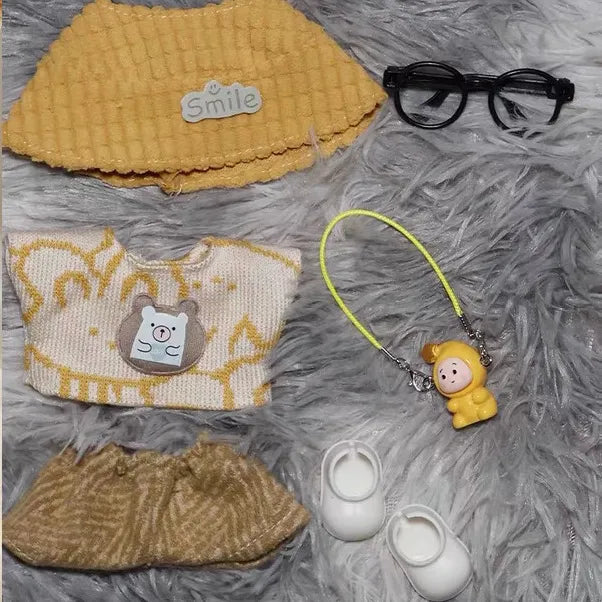 Kawaii Doll Outfit 5-Piece Set for 17cm Dolls | Cute Smile Bucket Hat & Bear Sweater, Pastel Fashion, Cross-Border Bestseller