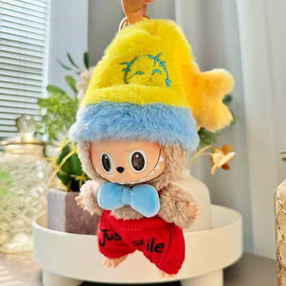 17cm Doll Cute Costume Collection | Fluffy Two-Tone Hat & Bowtie Outfit, Whimsical Fashion