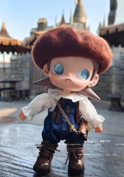 Zisga 1/8 Scale Articulated Doll Outfit Set: Chestnut Beret + Ruffled Blouse + Denim Suspenders + Brown Shoes (Free Earrings)