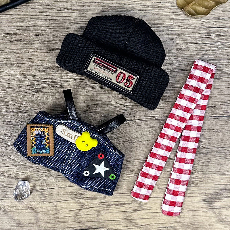Labubu 4th Generation Doll Outfit - Vintage Street Style Set (Knit Beanie + Check Scarf + Denim Vest) for 10.5cm Labubu Vinyl Doll