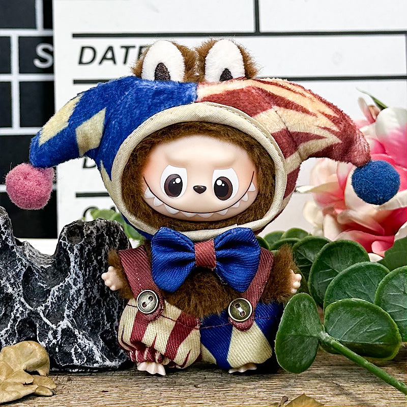 Labubu 4.0 Doll Outfit Set - Jester Themed Bifurcated Hat + Bow Tie + Romper, Carnival Cosplay Costume for Labubu 4.0 Vinyl Doll