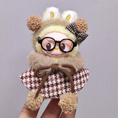 Labubu 4th Generation Doll Outfit - Vintage Houndstooth Plush Set with Glasses & Bow Accessory for 10.5cm Labubu Vinyl Doll