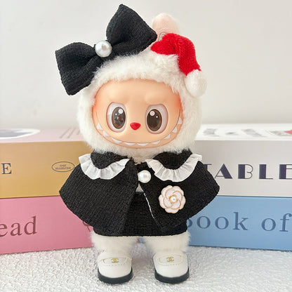 17cm Doll Clothes 5-Piece Set - Luxury Tweed Cape Outfit with Pearl & Camellia Details, Compatible with Labubu Dolls, Doll Accessories