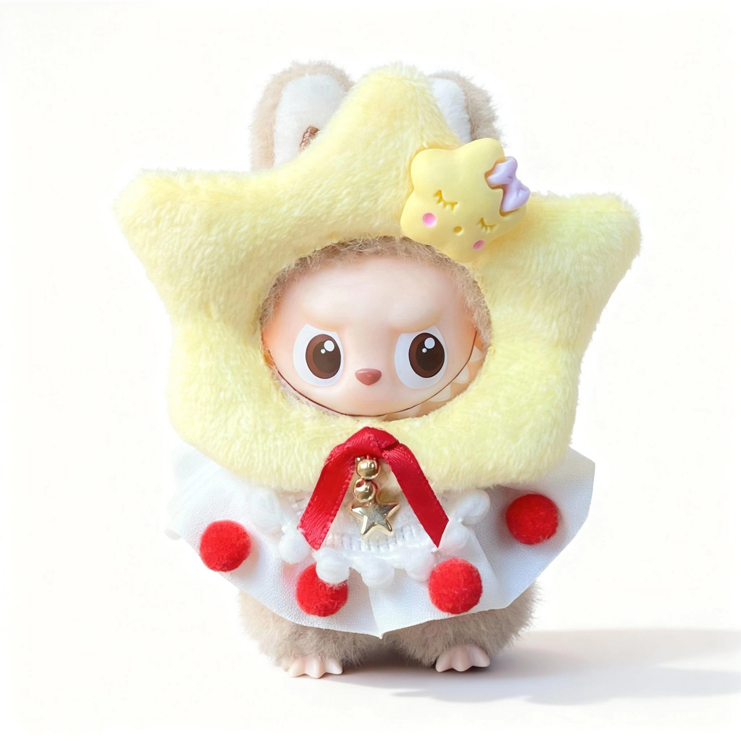 Labubu 4th Generation Doll Outfit - Star-Themed Plush Hat Set with Red Pom-Poms & Bell Accessory for 10.5cm Labubu Vinyl Doll