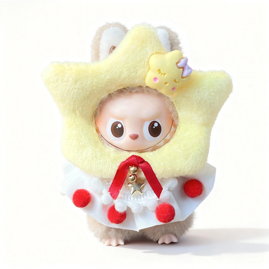 Labubu 4th Generation Doll Outfit - Star-Themed Plush Hat Set with Red Pom-Poms & Bell Accessory for 10.5cm Labubu Vinyl Doll