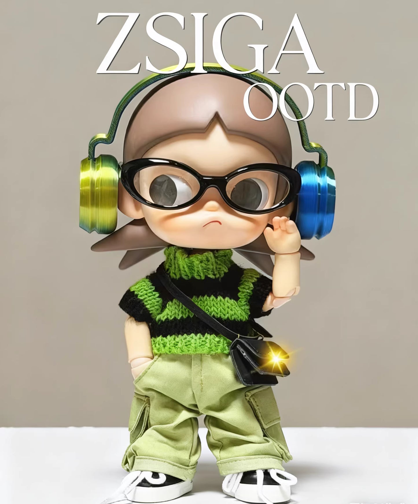 Zsiga 1/8 Articulated Doll 5-Piece Workwear Style Outfit: Sweater + Cargo Pants + Headphones + Glasses + Crossbody Bag Doll Clothes Accessories