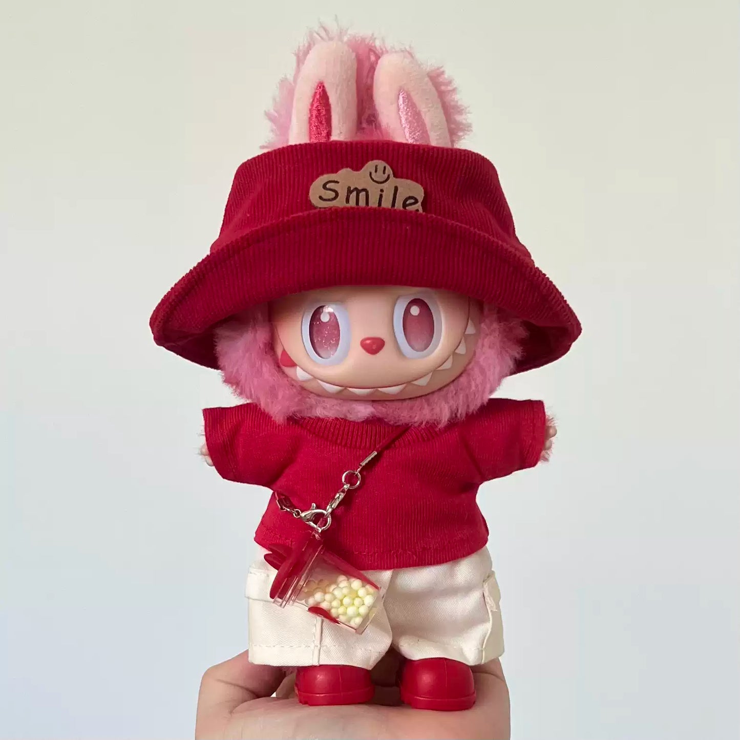 Trendy Pink Plush Doll Outfit Set, Red Smile Bunny Ear Hat + Sweatshirt + Cargo Pants + Accessories, Cute Doll Clothing