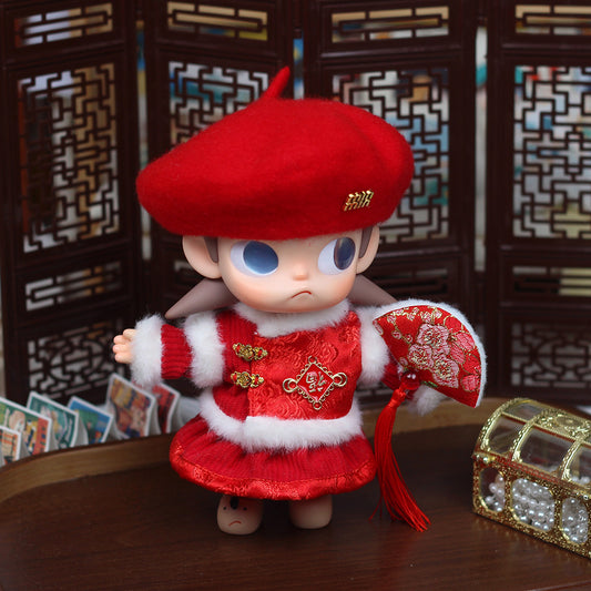 0cm Zsiga 1/8 Articulated Doll New Year Outfit Set | Red Festive Dress + Beret + Decorative Fan | Chinese Lunar New Year Doll Clothing