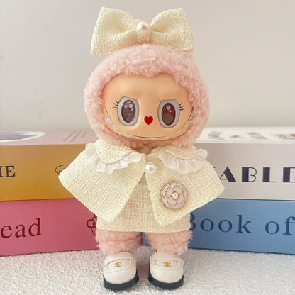 17cm Doll Clothes 5-Piece Set - Luxury Tweed Cape Outfit with Pearl & Camellia Details, Compatible with Labubu Dolls, Doll Accessories