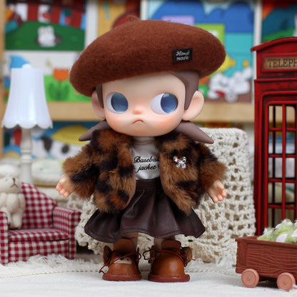 20cm Zsiga 1/8 Articulated Doll Autumn Winter Outfit Set | 4-Piece: Faux Mink Coat + T-Shirt + Leather Skirt + Beret | Fashion Doll Clothing for Collectible Toys