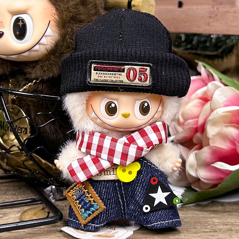 Labubu 4th Generation Doll Outfit - Vintage Street Style Set (Knit Beanie + Check Scarf + Denim Vest) for 10.5cm Labubu Vinyl Doll