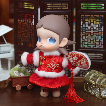 0cm Zsiga 1/8 Articulated Doll New Year Outfit Set | Red Festive Dress + Beret + Decorative Fan | Chinese Lunar New Year Doll Clothing