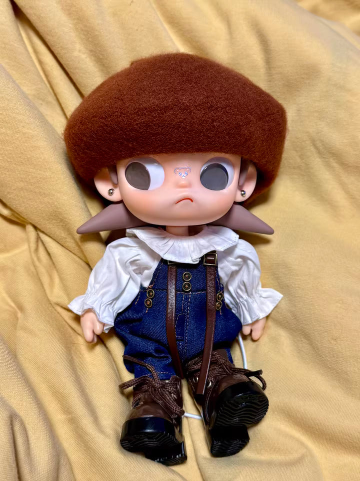 Zisga 1/8 Scale Articulated Doll Outfit Set: Chestnut Beret + Ruffled Blouse + Denim Suspenders + Brown Shoes (Free Earrings)