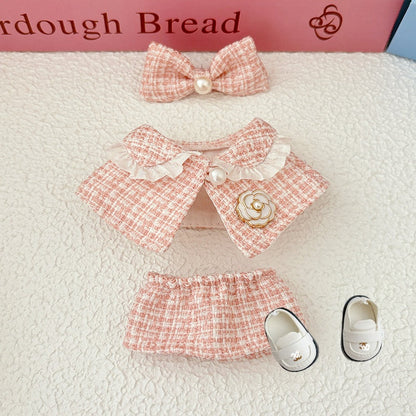 17cm Doll Clothes 5-Piece Set - Luxury Tweed Cape Outfit with Pearl & Camellia Details, Compatible with Labubu Dolls, Doll Accessories