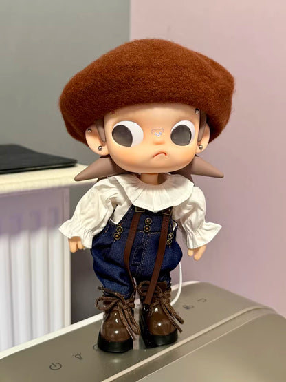 Zisga 1/8 Scale Articulated Doll Outfit Set: Chestnut Beret + Ruffled Blouse + Denim Suspenders + Brown Shoes (Free Earrings)