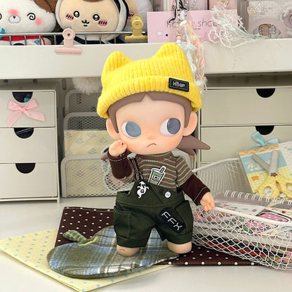 Zsiga 1/8 Articulated Doll Clothes - Three-Piece Casual Workwear Set (Yellow Knitted Beanie + Striped Top + Cargo Overalls) Trendy Doll Outfit Accessories