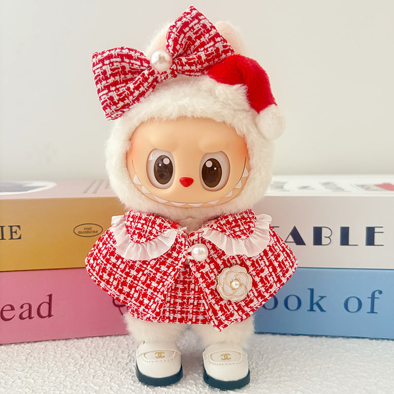 17cm Doll Clothes 5-Piece Set - Luxury Tweed Cape Outfit with Pearl & Camellia Details, Compatible with Labubu Dolls, Doll Accessories