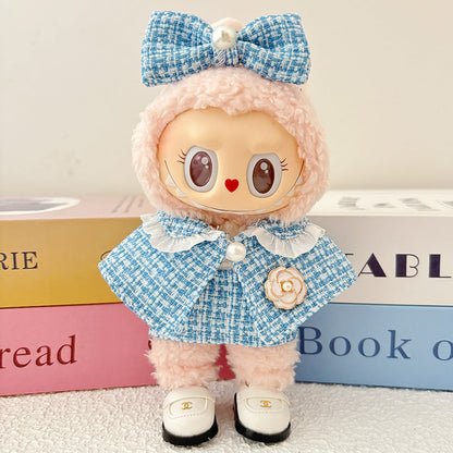 17cm Doll Clothes 5-Piece Set - Luxury Tweed Cape Outfit with Pearl & Camellia Details, Compatible with Labubu Dolls, Doll Accessories