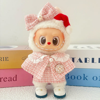 17cm Doll Clothes 5-Piece Set - Luxury Tweed Cape Outfit with Pearl & Camellia Details, Compatible with Labubu Dolls, Doll Accessories