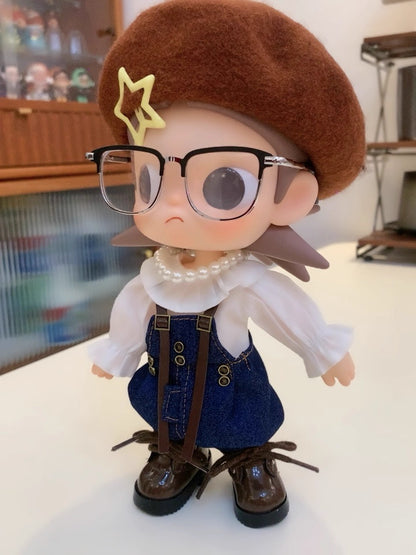 Zisga 1/8 Scale Articulated Doll Outfit Set: Chestnut Beret + Ruffled Blouse + Denim Suspenders + Brown Shoes (Free Earrings)