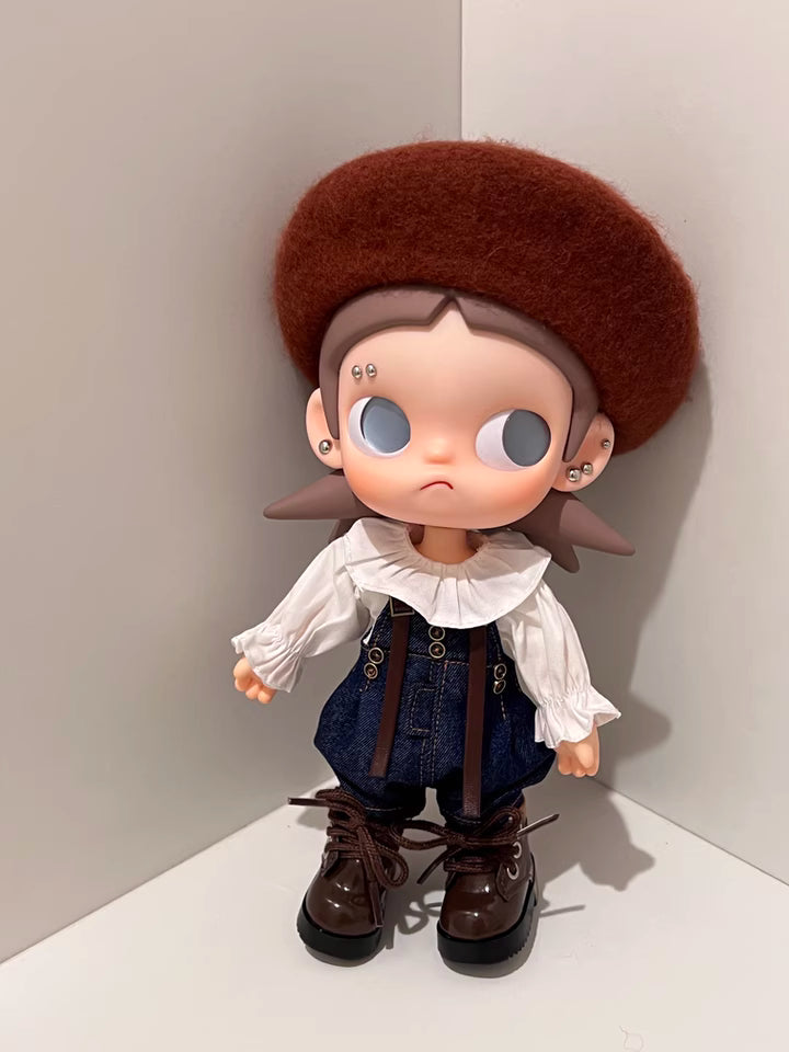 Zisga 1/8 Scale Articulated Doll Outfit Set: Chestnut Beret + Ruffled Blouse + Denim Suspenders + Brown Shoes (Free Earrings)