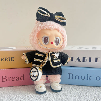 17cm Doll Clothes 5-Piece Set - Luxury Tweed Outfit with Bow, Bag & Shoes for Labubu Generation 1/2/3, Doll Accessories