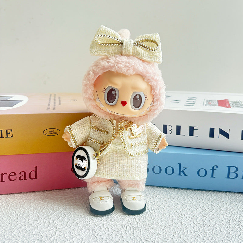 17cm Doll Clothes 5-Piece Set - Luxury Tweed Outfit with Bow, Bag & Shoes for Labubu Generation 1/2/3, Doll Accessories