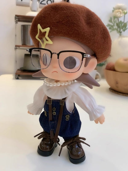 Zisga 1/8 Scale Articulated Doll Outfit Set: Chestnut Beret + Ruffled Blouse + Denim Suspenders + Brown Shoes (Free Earrings)