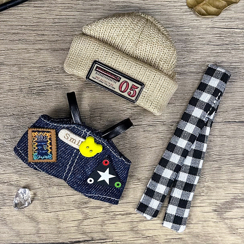 Labubu 4th Generation Doll Outfit - Vintage Street Style Set (Knit Beanie + Check Scarf + Denim Vest) for 10.5cm Labubu Vinyl Doll