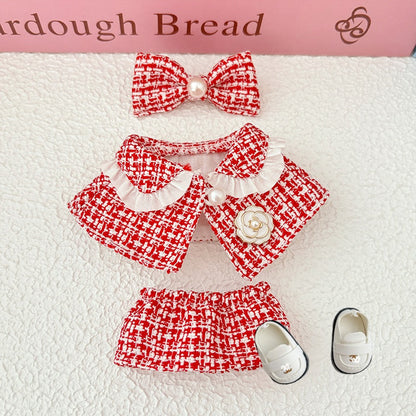 17cm Doll Clothes 5-Piece Set - Luxury Tweed Cape Outfit with Pearl & Camellia Details, Compatible with Labubu Dolls, Doll Accessories