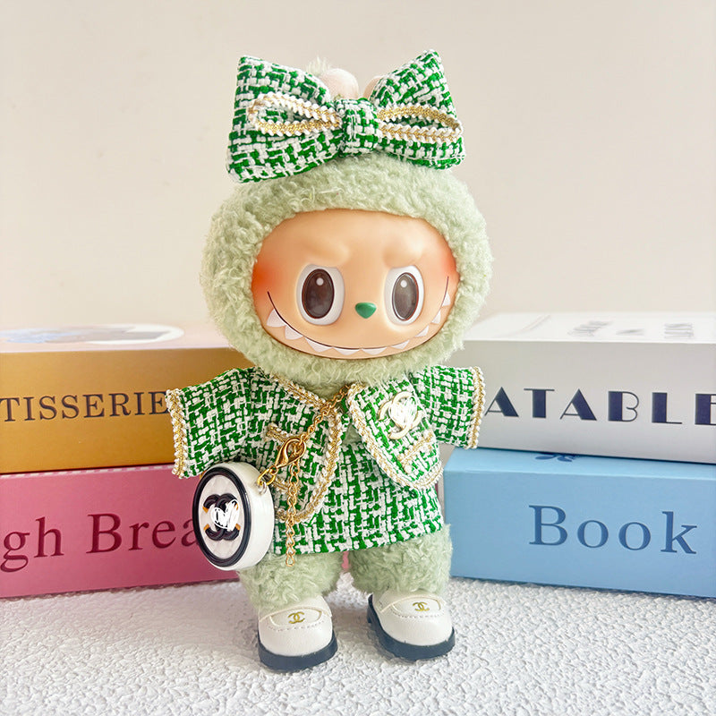 17cm Doll Clothes 5-Piece Set - Luxury Tweed Outfit with Bow, Bag & Shoes for Labubu Generation 1/2/3, Doll Accessories