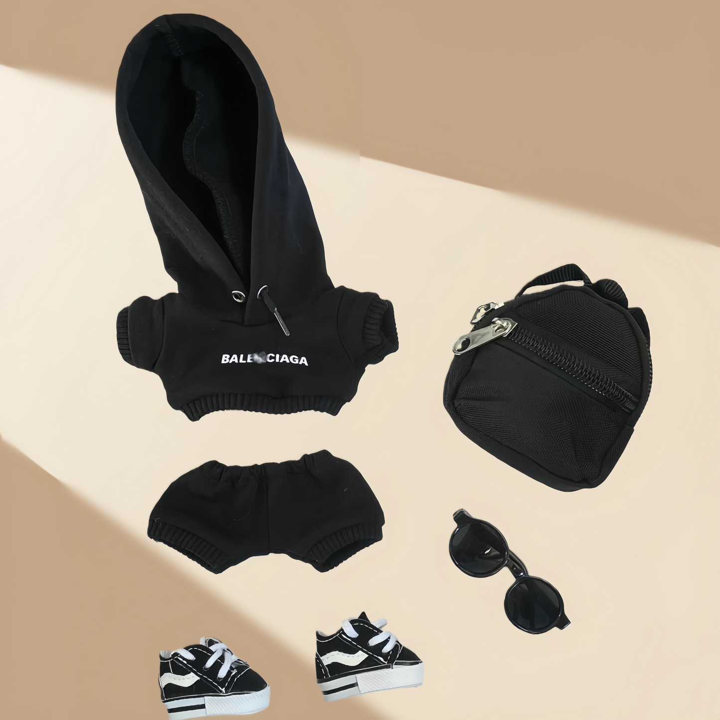 Streetwear Doll 5-Piece Outfit Set, Black & White Hoodie + Shorts + Trendy Shoes + Fanny Pack + Sunglasses, Fashion Doll Clothing
