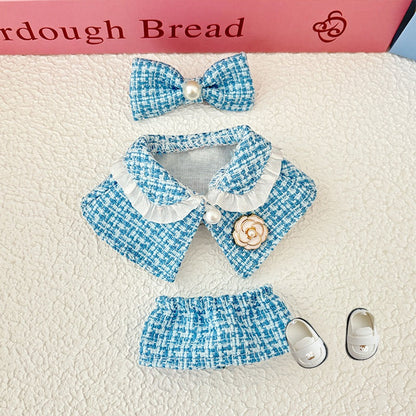 17cm Doll Clothes 5-Piece Set - Luxury Tweed Cape Outfit with Pearl & Camellia Details, Compatible with Labubu Dolls, Doll Accessories