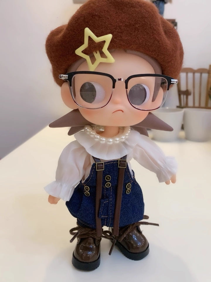 Zisga 1/8 Scale Articulated Doll Outfit Set: Chestnut Beret + Ruffled Blouse + Denim Suspenders + Brown Shoes (Free Earrings)