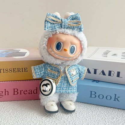 17cm Doll Clothes 5-Piece Set - Luxury Tweed Outfit with Bow, Bag & Shoes for Labubu Generation 1/2/3, Doll Accessories