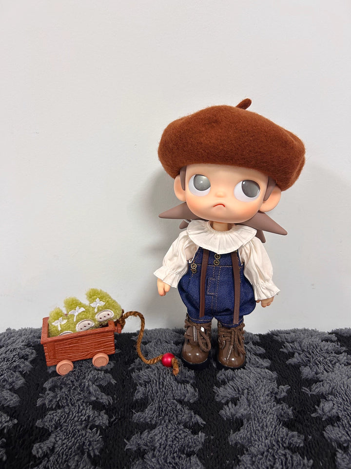 Zisga 1/8 Scale Articulated Doll Outfit Set: Chestnut Beret + Ruffled Blouse + Denim Suspenders + Brown Shoes (Free Earrings)