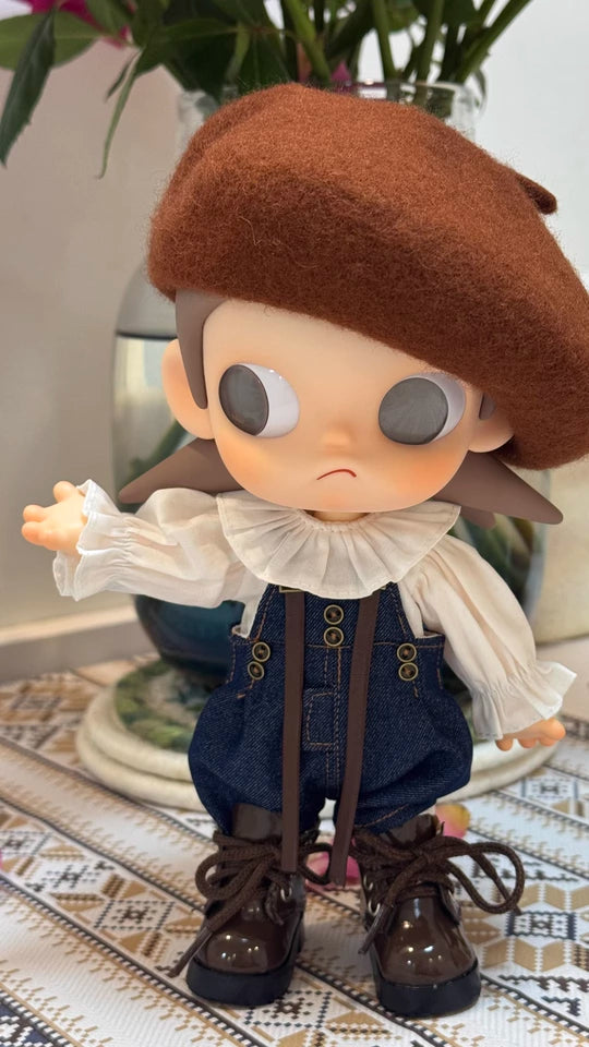 Zisga 1/8 Scale Articulated Doll Outfit Set: Chestnut Beret + Ruffled Blouse + Denim Suspenders + Brown Shoes (Free Earrings)