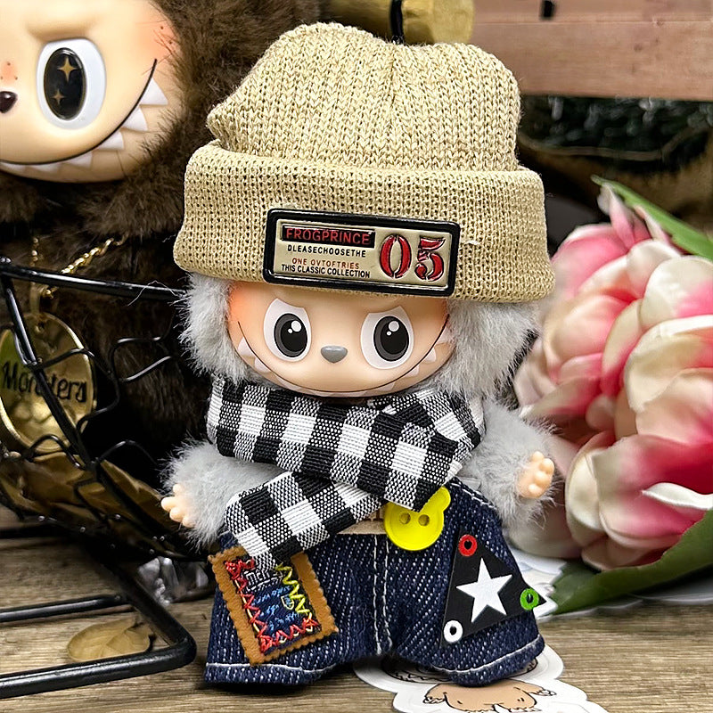 Labubu 4th Generation Doll Outfit - Vintage Street Style Set (Knit Beanie + Check Scarf + Denim Vest) for 10.5cm Labubu Vinyl Doll