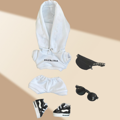 Streetwear Doll 5-Piece Outfit Set, Black & White Hoodie + Shorts + Trendy Shoes + Fanny Pack + Sunglasses, Fashion Doll Clothing