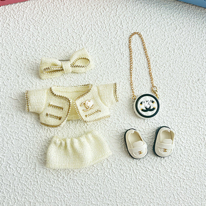 17cm Doll Clothes 5-Piece Set - Luxury Tweed Outfit with Bow, Bag & Shoes for Labubu Generation 1/2/3, Doll Accessories