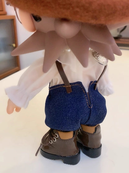 Zisga 1/8 Scale Articulated Doll Outfit Set: Chestnut Beret + Ruffled Blouse + Denim Suspenders + Brown Shoes (Free Earrings)