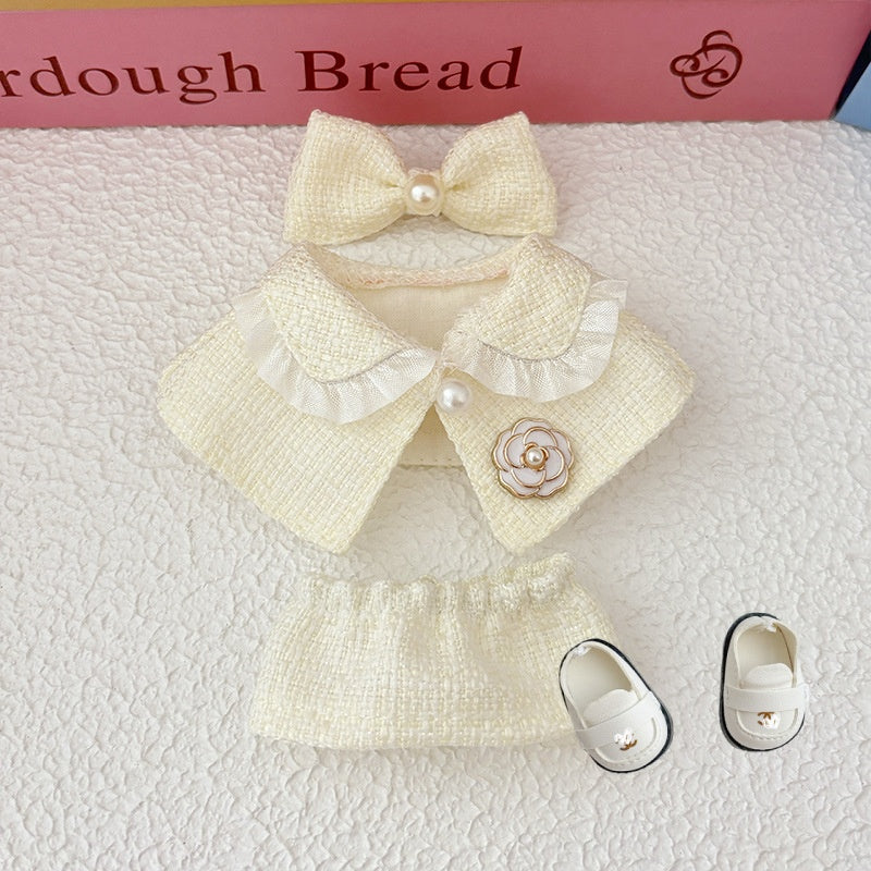 17cm Doll Clothes 5-Piece Set - Luxury Tweed Cape Outfit with Pearl & Camellia Details, Compatible with Labubu Dolls, Doll Accessories