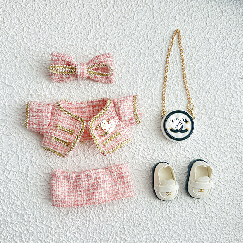 17cm Doll Clothes 5-Piece Set - Luxury Tweed Outfit with Bow, Bag & Shoes for Labubu Generation 1/2/3, Doll Accessories