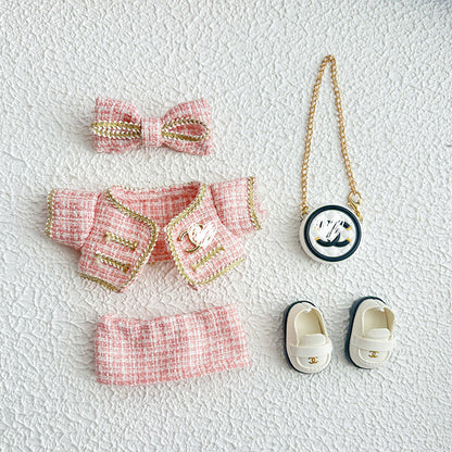 17cm Doll Clothes 5-Piece Set - Luxury Tweed Outfit with Bow, Bag & Shoes for Labubu Generation 1/2/3, Doll Accessories